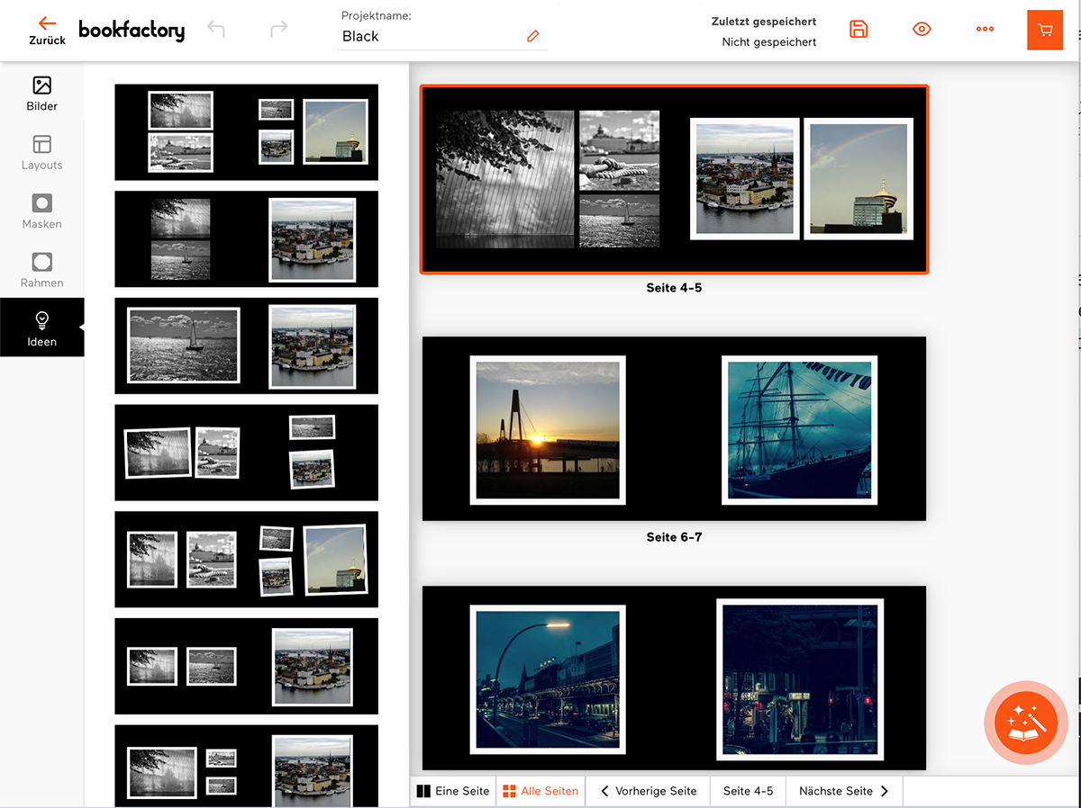 «Ideas» displays further layout variants for content pages with the photos already placed.